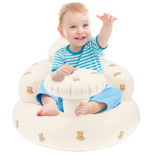 Asiento inflable para bebé con bandeja y transpirable para bebés a partir de 3 – 36 meses, silla inflable para bebés incluye bomba de aire incorporada, ayuda para sentarse bebé con respaldo y soporte