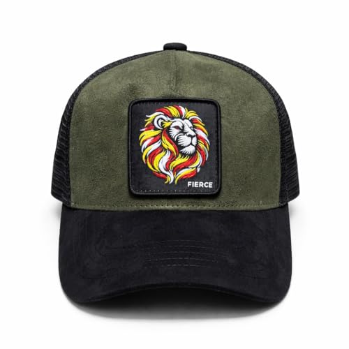 Image of Baseball Cap for Men Original Adjustable Unisex Cap, Mens Caps Stylish, Green & Black Suede Cap with Net Back, Structured 5 Panel A-Frame Trucker Hat with Lion Logo, Fierce King