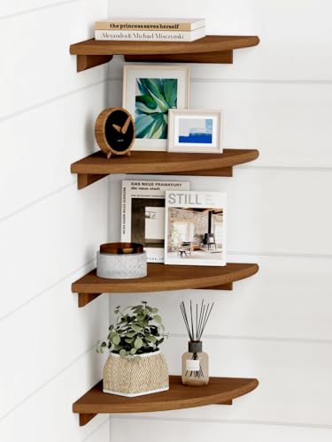 Forbena Walnut Brown Floating Corner Shelves for Wall 4-Pack, Small