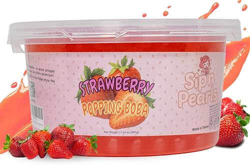 Sip'n Pearls Bursting Tapioca Pearls | Ready to Eat Fruit Juice Popping Pearls for Drinks, Desserts, Bubble Tea, Yogurt, Smoothies (Strawberry)