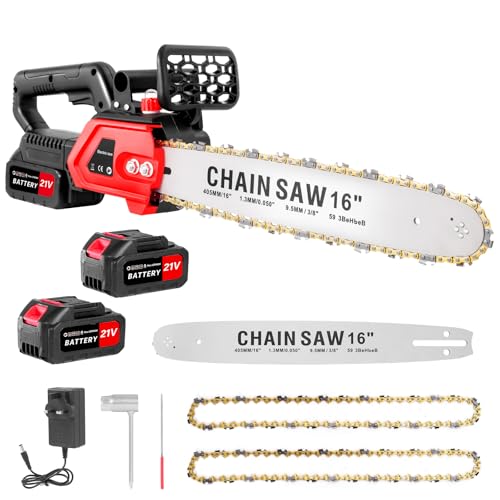 Sararoom 16inch Chainsaw Cordless, 21V Brushless Battery Chainsaw with 4000mAh Battery & Charge, 1800W 21000 RPM Handheld Chain Saw with 2 Chains for Branch Pruning Wood Cutting