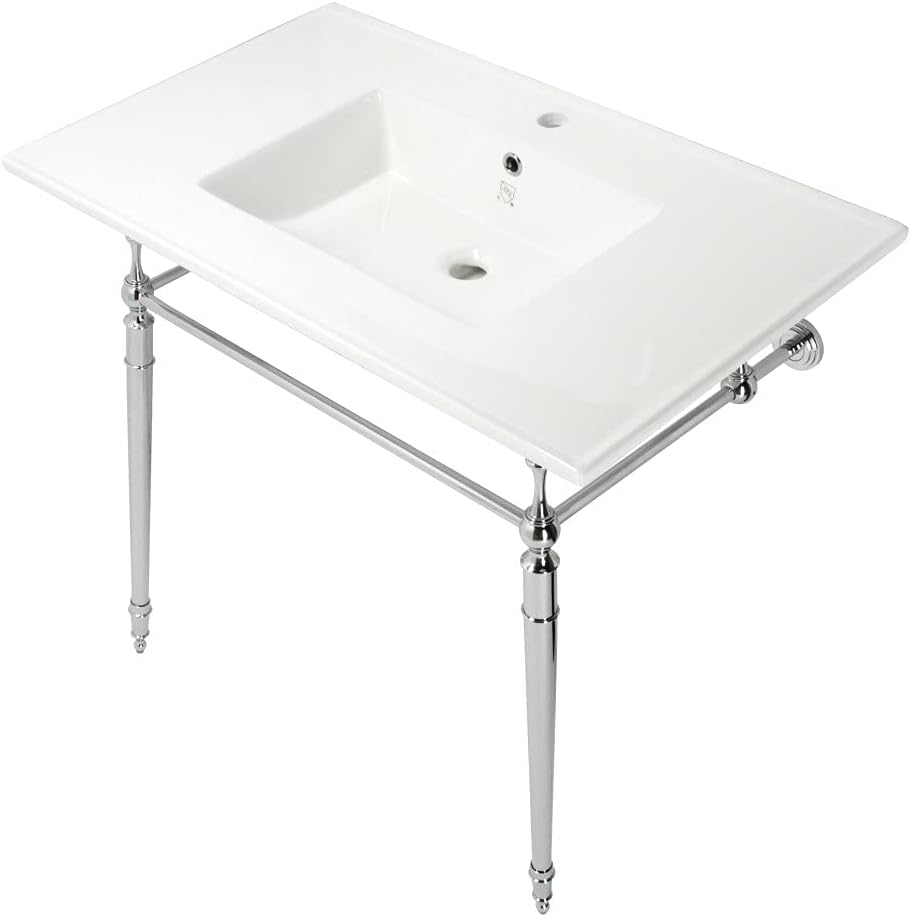 Kingston Brass KVPB372271CP Edwardian 37-Inch Console Sink with Brass Legs (Single Faucet Hole), White/Polished Chrome