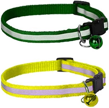 Reflective Cat Collar with Bell for Pets (Cats, Dogs, Small Animals) - Durable Polyester (Green, Yellow) by 4YourPet