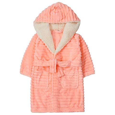 Minikidz Girls Dressing Gown Robe Soft Flannel Fleece 2-3Y to 13Y (5-6 Years, Fluffy Coral Hoop Design) Cover