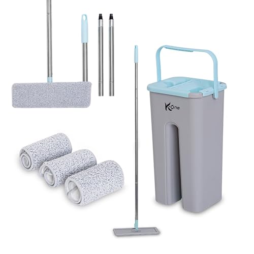 K-ONE Bucket Set Floor Mop Reusable Pack of Microfibre Flat Mop Pad Easy and Simple to Squeeze For Cleaning All Floors -Tiles-Laminate - Hardwood Floors (Mop with 4 pads Sky blue)