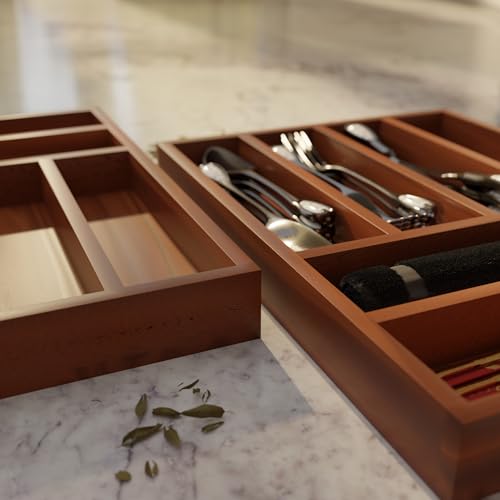 Image of Premium 6-Partition Cutlery Tray | 30x40 cm Brown Drawer Organizer | Multipurpose Flatware Holder for Spoons, Forks, Knives & Kitchen Utensils