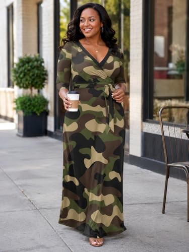 Image of Plus Size Dresses for Women Print Maxi Dresses 3 /4 Sleeve with Belt