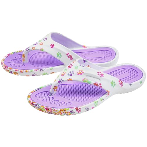 Image of GreaterGood Walking Paws Flip Flops Rainbow Colorful Lightweight Contoured Non Slip Textured Footbed Beach Sandals for Women