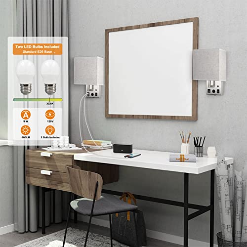 CADUKE Bedside Wall Lamp Set of 2, Plug in Wall Light with USB Charging Ports and AC Outlet Socket, Brushed Nickel Modern Wall Sconces with Plug in Cord for Bedroom Living Room, E26 LED Bulb Included - Image 6