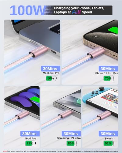 Image of USB C to USB C Cable, 10ft, 100W PD 5A Fast Charging Cord, Aluminum Connector & Nylon Braided Type C Charger Cord for iPhone 17 /16 /15, MacBook Air /Pro, iPad Pro, Samsung S25 /S24 /S23, Pixel 10(Pink)