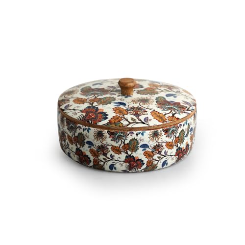 Image of ExclusiveLane 'Floral Chronicles' Wooden Chapati Box for Kitchen with Lid (Mango Wood, 8 inch, 1140 ml) | Hot Case for Roti Casserole for Roti Hot Case Casserole Roti Box Hot Pot for Roti Kitchen