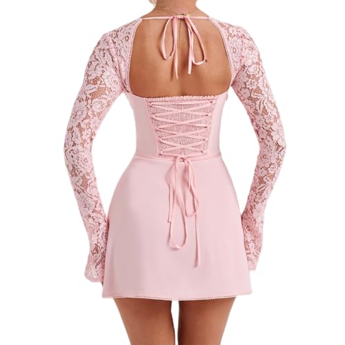 Image of Women Lace Mini Dress Sexy Square Neck Lace Long Sleeves Backless Tie-Up A-Line Short Dresses Cocktail Bodycon Dress