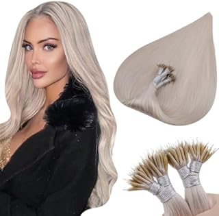 Hetto Blonde Nano Ring Hair Extensions Real Human Hair Nano Hair Extensions Straight Human Hair #60 Platinum Blonde Nano Beads Human Hair Extensions Invisible 16 Inch 50G 50S