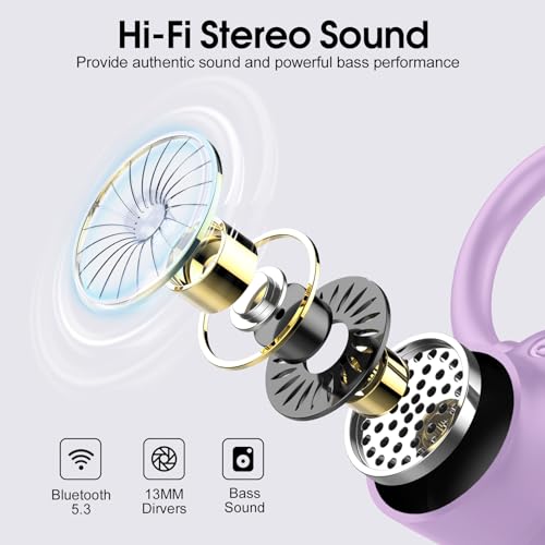 Image of Wireless Earbuds, 2023 Bluetooth Headphones 5.3 Sport, 50H Ear buds with Earhooks, Dual LED Display Bluetooth Earbuds, Deep Bass Stereo Noise Cancelling Headphones, IP7 Waterproof Earphones, Purple