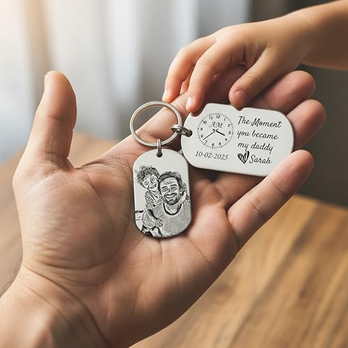 Image of Personalised Daddy Photo Keyring - The Moment You Became My Daddy | Personalised New Born Baby Gift | First Father's Day Keyring New Dad Keychain Gift Personalised Gift Father's Day