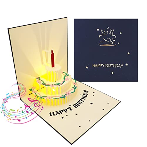 Auto-Play Music Birthday Gift Card Plays Pure Song Happy Birthday to You Funny Pop Up Birthday Cards 3D Musical Happy Birthday Cake Card for Mom Dad Wife Husband Kids Friends (1 Pack Blue)
