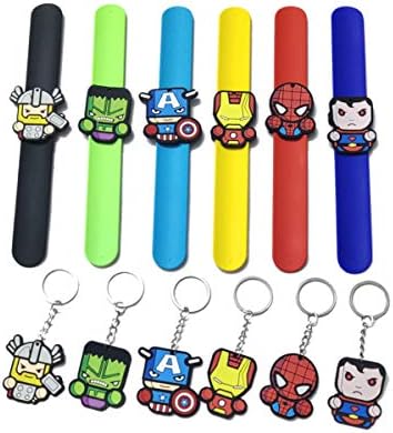 HUANGQH 6Pcs Sets Include 6 Superhero Silicone Slap Bracelets, and 6 Keychains.Boys and Girls Party Favors Gifts Carnival Prizes.