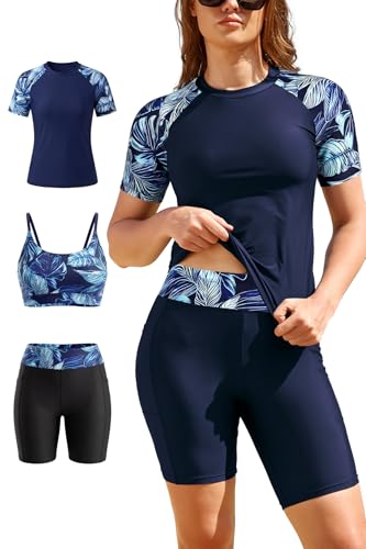 SHEKINI Conjunto de 3 piezas para mujer, camiseta de natación de manga corta UV UPF50+, brasier deportivo, parte superior de bikini con pantalones cortos, trajes de baño modestos, Estampado azul 01, L