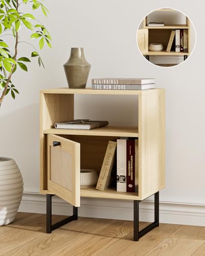 Image of Rattan Nightstand, Boho Night Stand Farmhouse Wood Bedside Table with Storage and Open Shelf, End Side Accent Table for Bedroom,Living Room,Oak