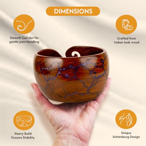Image of Wooden Yarn Bowl for Crocheting, 7x4 inch Large Crochet Holder Gift Accessories and Knitting Gadgets Supplies Handcrafted with Fractal Wood Burning & Purple Resin Inlay ( Purple 7x4 )