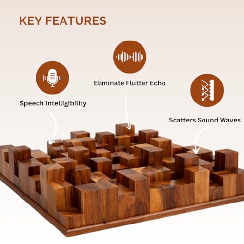 Image of Timber Acoustics Skyline Sound Diffuser | Sound Diffusion | Pine-wood | Noise Reduction and Acoustic Room Treatment (Single) (60 X 60 X 12 cm) (Sheesham)