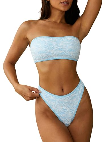 Image of ZAFUL Women Strapless Textured Bandeau Bikini 2 Piece Swimwear Cheeky Solid Lace up Bathing Suits