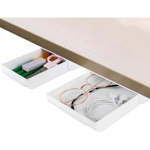 2 Pcs Under Desk Drawer, Self-Adhesive Hidden Desktop Organizer, Attachable Plastic Desk Drawer Slide Out, Table Storage Tray for Pencil Pen Stationery Office School Home Organization, White (S & L) Cover