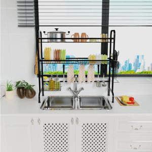 Veckle Over The Sink Dish Drying Rack, 2 Tier Large Stainless Steel Dish Rack Over Sink for Kitchen Countertop with Utensil Holder Hooks Standing Dish Drainer, Black