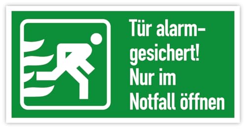 Aufkleber Rettungszeichen Fluchtweg Notausgang „Tür alarmgesichert! Nur im Notfall öffnen, rechts“ Hinweis Folie | 148 x 74 mm Made in Germany