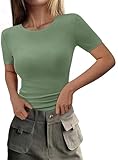 PRETTYGARDEN Women 2025 Summer Crew Neck Short Sleeve Tops Ribbed Knit Slim Fit Fashion Basic Tee Shirts Casual Going Out Top (Fruit Green,Small)