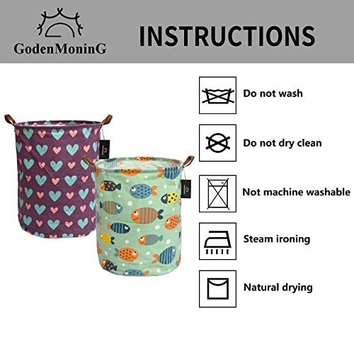 Collapsible Laundry Basket - Godenmoning 2X 62.8L Large Sized Round Waterproof Storage Bin With Leather Handles,Home Decor,Toy Organizer,Children Nursery Hamper.(Colour Fish & Purple Love Heart, 1+1) #TOP5