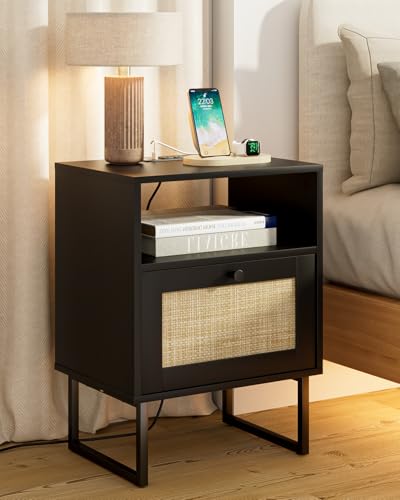 Image of Rattan Nightstand with Charging Station, Mid Century Modern Night Stand,Boho Farmhouse Wood Bedside Table with Storage and Open Shelf, End Side Accent Table for Bedroom,Living Room,Black