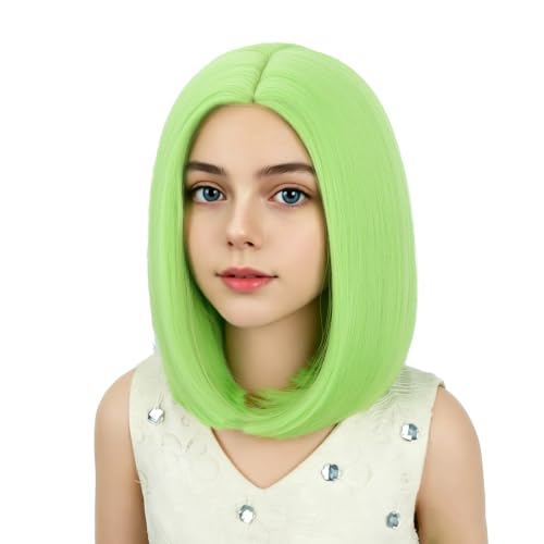 Image of Kids Green Wig Girls Light Green Bob Wig Child Short Bob Wig Middle Part Wig for Kids Synthetic Wigs with Wig Cap