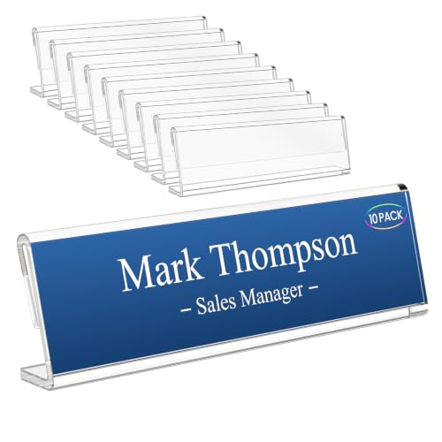 HlIMIEI Acrylic Name Plates for Desks, 10 Pack Clear Name Holders 2 x 8, Reusable Table Name Plaques Sign Holder Display Stand for Office, Meeting, Reception
