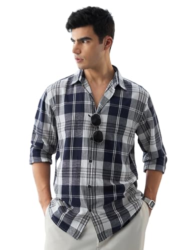 Image of The Souled Store: Blue Sails Men and Boys Long Sleeve Collared Neck Button Front Blue and Cream Checked Embroidered Regular Fit Cotton Linen Shirt