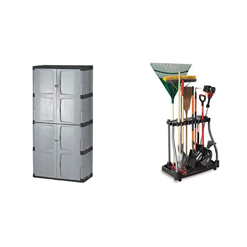 Rubbermaid 72-Inch Four-Shelf Double-Door Resin Storage Cabinet (FG708300MICHR) & Deluxe Tool Tower, Garage Storage, Holds 40 Tools, Black (FG5E2800MICHR)