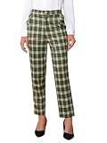 Allegra K Women's Vintage Tartan Plaid Pants Elastic Waist Straight Long Trousers Medium Army Green