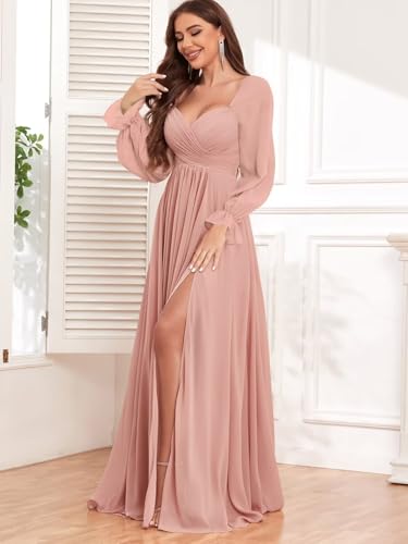 VCCICANY Long Sleeve Bridesmaid Dresses for Women Chiffon Pleated Formal Evening Gowns with Slit4