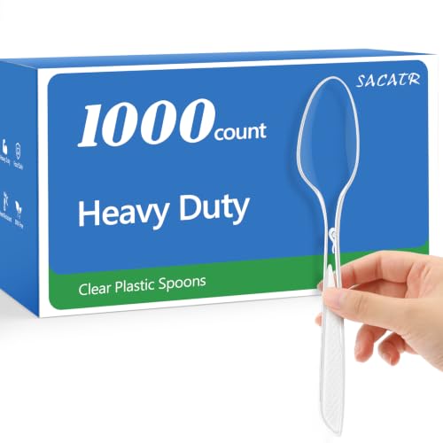 SACATR 1000 Count Heavy Duty Clear Plastic Spoons BPA-Free Heat Resistant Disposable Plastic Spoons Bulk Solid Durable Premium Cutlery for Parties Events and Everyday Use