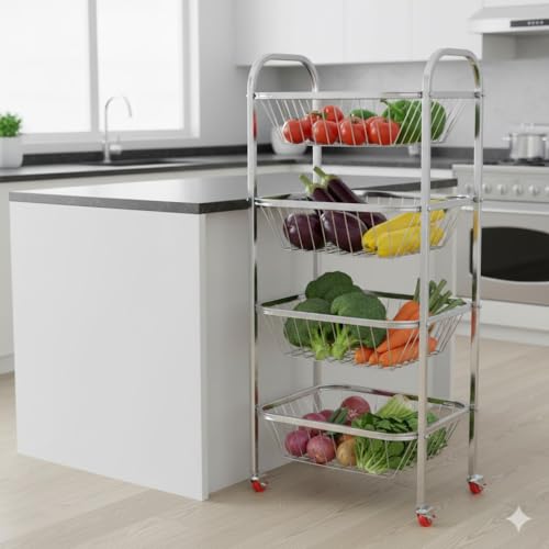 Image of Stainless Steel Modern 4 Tier Kitchen Storage Trolley with Wheels Folding Perforated Design Trolley Spice Fruits and Vegetable Onion Potato Organizer Stand Kitchen Trolley