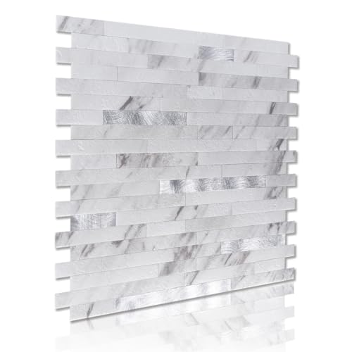 Image of Art3d Faux Stone Peel & Stick Backsplash Tile, 10 pcs, Silver Trim Volakas