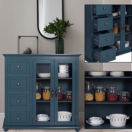 Veikous Buffet Sideboard Storage Cabinet, 35.8" H Console Table With Glass Doors, Buffet Cabinet With Storage And 4 Drawers, Freestanding Buffet Server For Dining Room, Dark Teal #TOP4