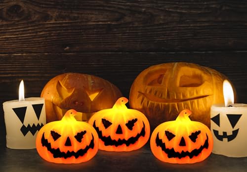 Image of 3PCS Halloween Decor Candle for Indoor Home Decoration, Mini Flameless Jack-o'-Lantern Pumpkin Candle for Halloween Party Supplies Gifts Table Decor, Ghost Face Spooky Halloween Tea Light