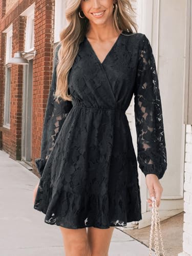 Image of CUPSHE Women Elegant V Neck Lace Peasant Sleeve Mini Summer Dress Elastic High Waist A Line Casual Wedding Guest Dress