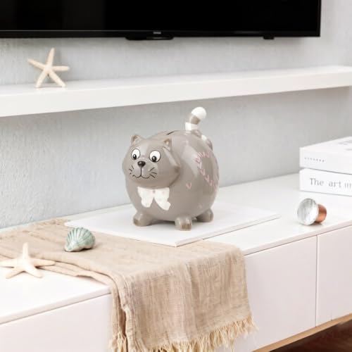 Ceramic cat Piggy Bank, White with Bowknot and Heart-Shaped Kitten Design, Suitable for Children's or Birthday Gifts (Gray) by aoaoaoway - Image 5