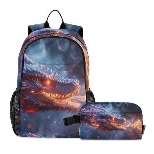Travel Backpack Lunch Bag Set for Hiking Picnic, Backpacks with Insulated Lunch Box Dragon and Fire Print