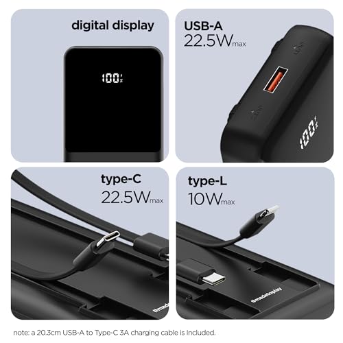 Image of Dubstep PowerBlitz X5 20000mAh 22.5W Power Bank, Built-in Type-C & Lightning Cables, 4 Outputs, LED Display, Quick Charge 3.0, PD Fast Charging (Black)