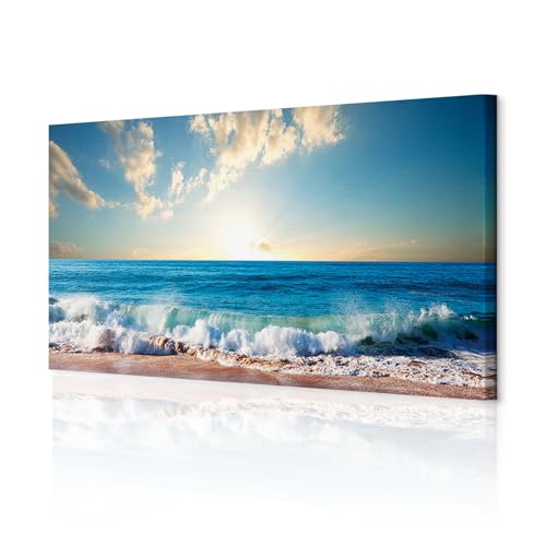 decomonkey - Impression sur Toile Plage Mer 150x50 1 Pièce - Tableau Décoration Appartement Cadre en Bois Déco Salon Peinture sur Toile Maison Nuages mer...
