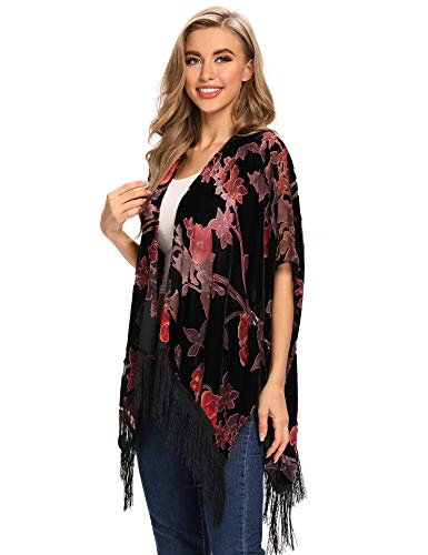 Image of MJ SERECA Women's Burnout Velvet Kimono Cardigan Cover Up with Tassel