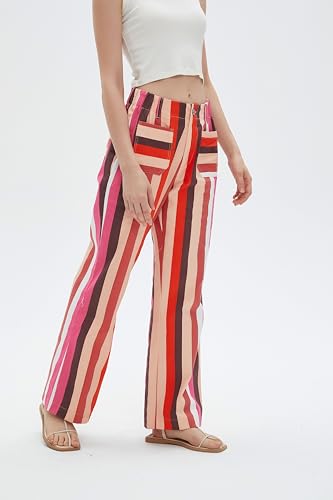 LifeShe Womens Striped Pant Casual High Waisted Straight Leg Denim Pants Trouser3